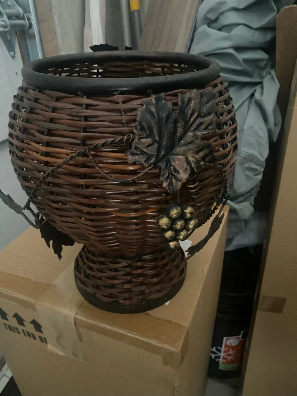 Woven Rattan Decorative Vase planter with Metal Grape Accents - Brown